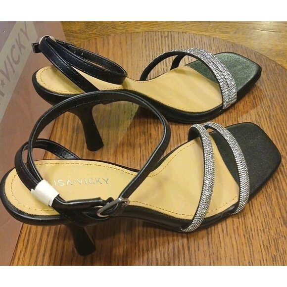 Lisa Vicky Ankle Strap Heels Black And Silver Gem–V Size 8 Chic Stylish Open Toe - Picture 3 of 7